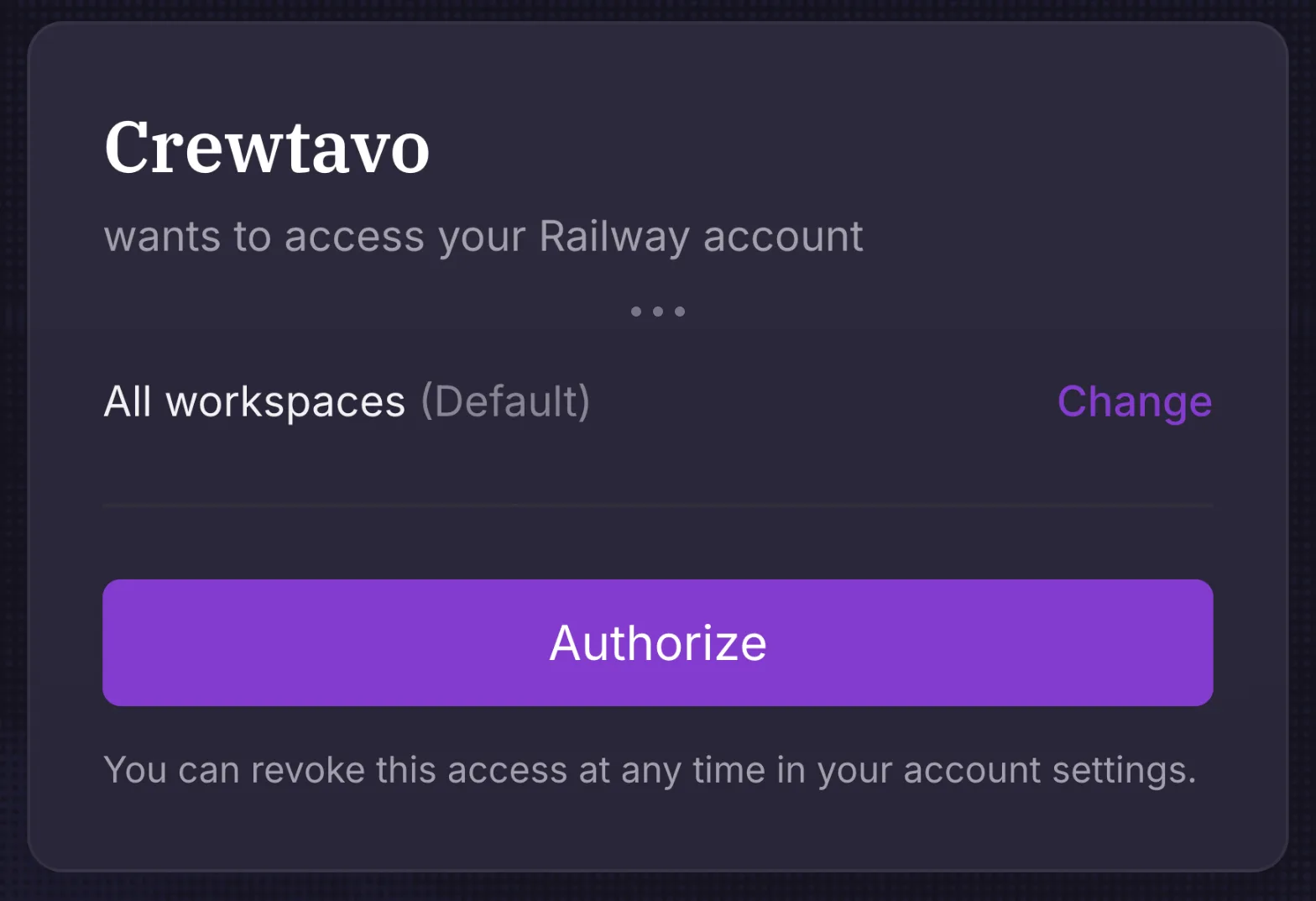 Railway’s approval screen: “Crewtavo wants to access your Railway account”, with the purple Authorize button circled.